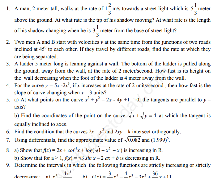 Cbse class 12 mathematics applications of derivatives assignment set a